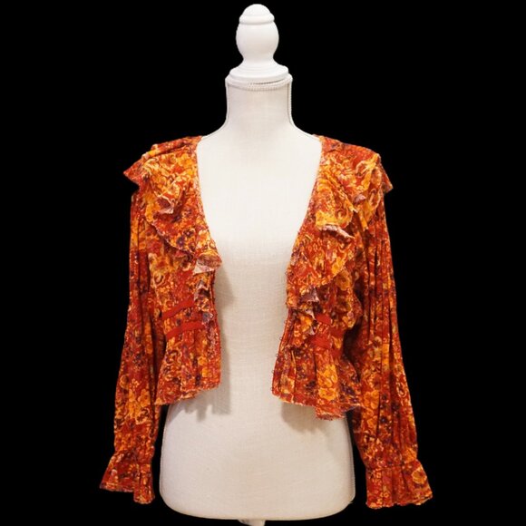 Free People Red Floral Cherry Combo Boho Cardigan Cropped Women’s Small - Picture 7 of 11